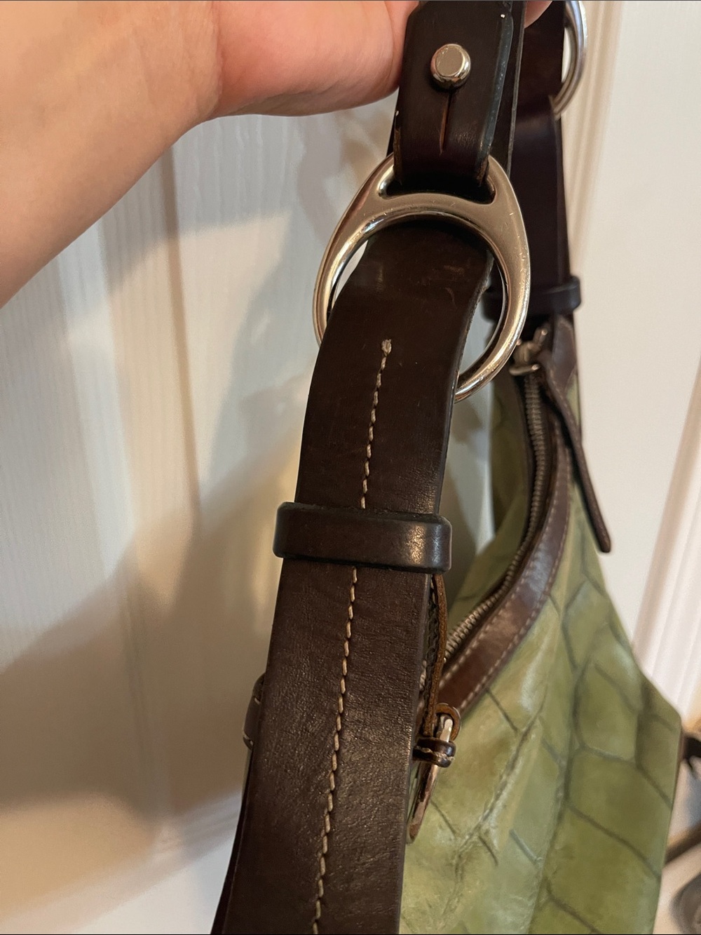 Dooney & Bourke Olive Green Croc-Embossed Leather Shoulder Bag with Brown Trim - Picture 6 of 10